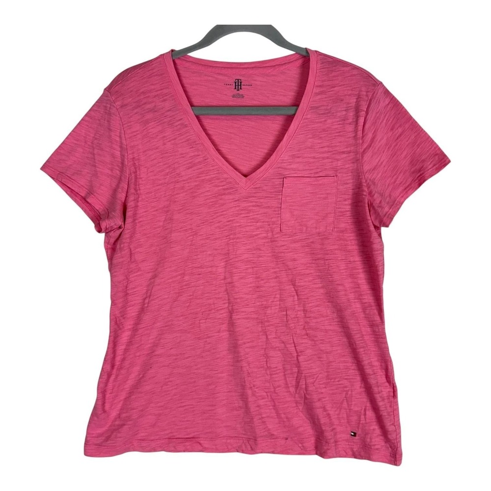 Tommy Hilfiger Shirt Womens Large Pink V Neck Pocket Slub Jersey Short Sleeve